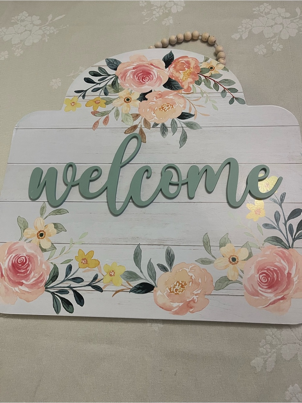 Wooden 'Welcome' Floral Wall Sign - Mint and Peach